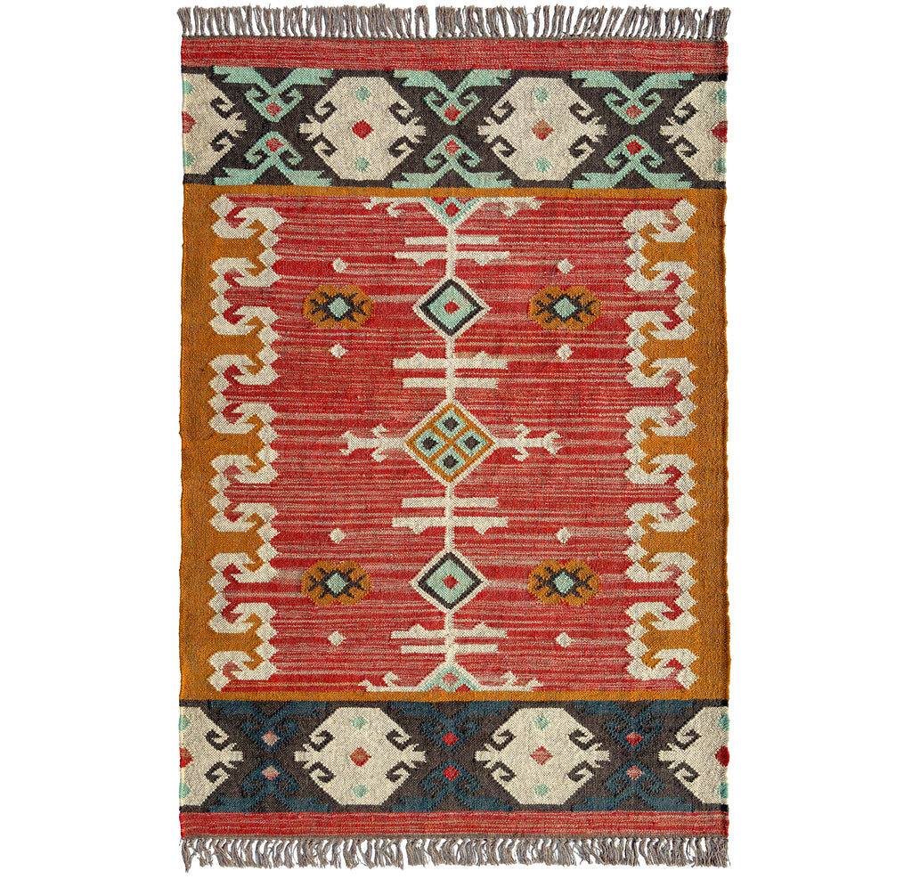 Wool jute kilim rug with traditional pattern on a white background.