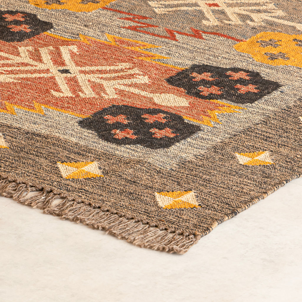 Close-up of a patterned rug with geometric design on a light background