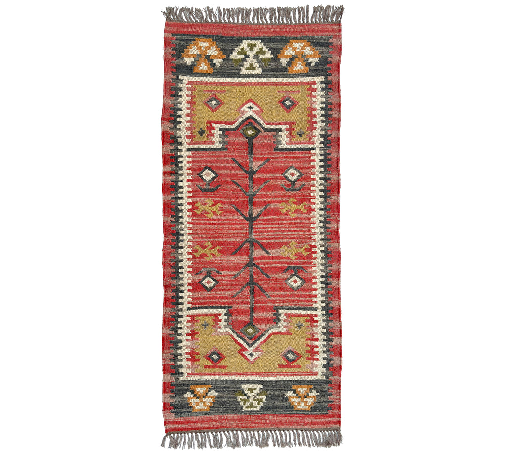 Decorative Kilim rug with geometric pattern on a white background