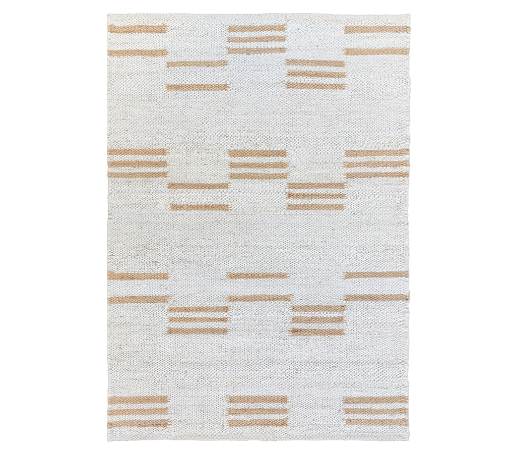 Textured off white jute rug with a pattern of horizontal lines on a white background