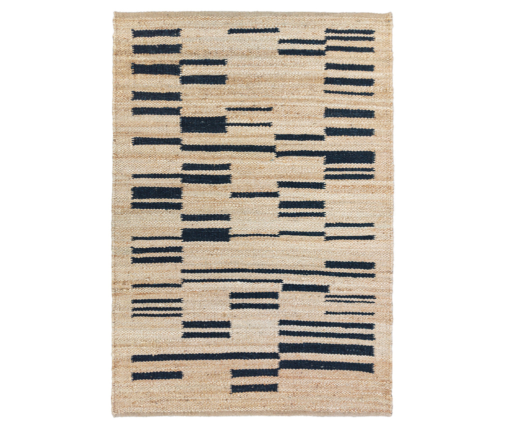 Beige Jute rug with black geometric pattern on a white background