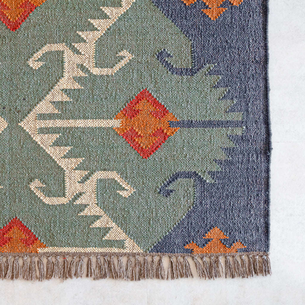Close-up of a patterned rug with geometric designs on a white background