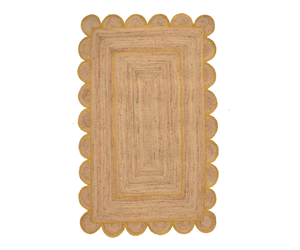 Natural Jute Scallop Rug with Yellow Trim – Dhurrie World